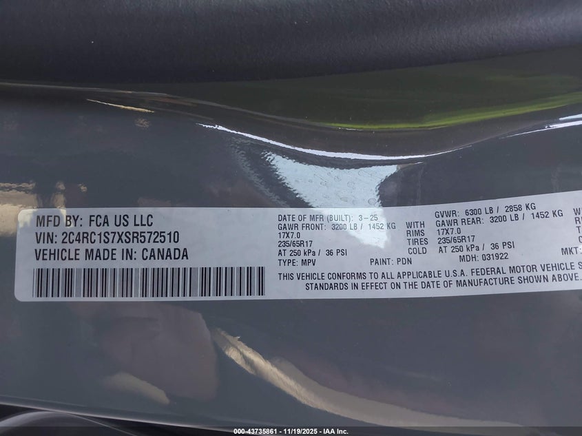 2025 Chrysler Pacifica Hybrid Select VIN: 2C4RC1S7XSR572510 Lot: 43735861