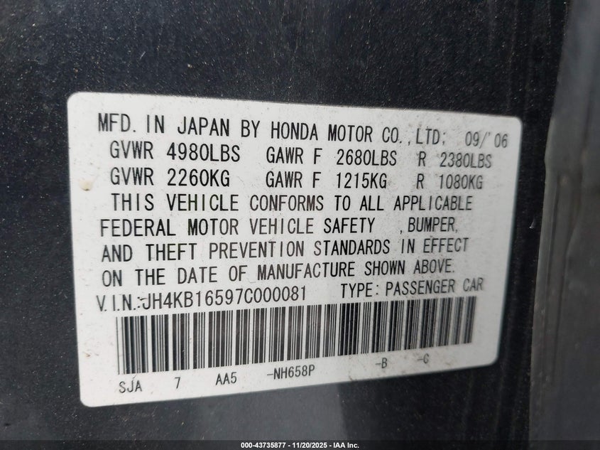 2007 Acura Rl 3.5 VIN: JH4KB16597C000081 Lot: 43735877