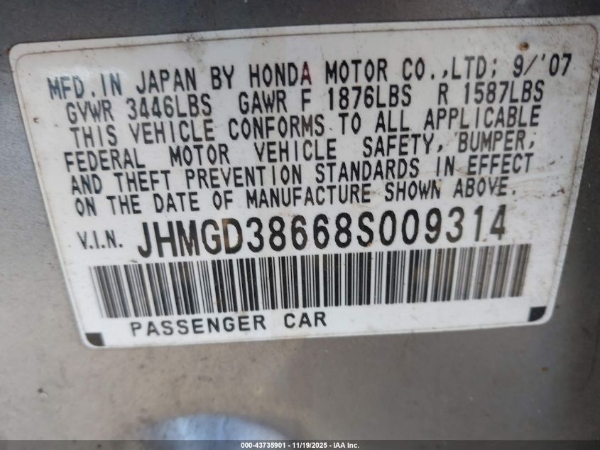 2008 Honda Fit Sport VIN: JHMGD38668S009314 Lot: 43735901