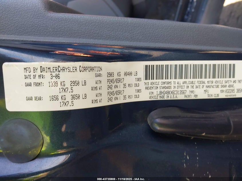 2006 Jeep Commander VIN: 1J8HG48KX6C313567 Lot: 43735908