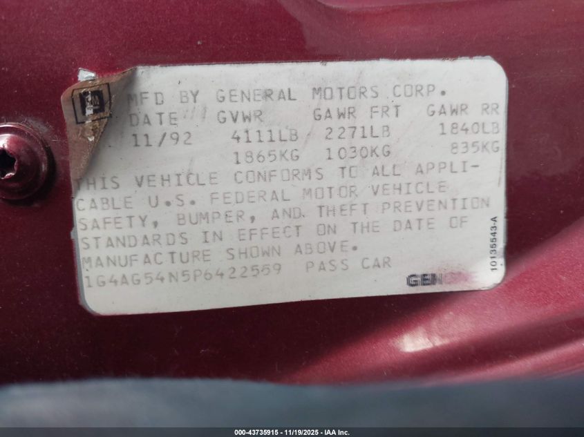 1993 Buick Century Special VIN: 1G4AG54N5P6422559 Lot: 43735915