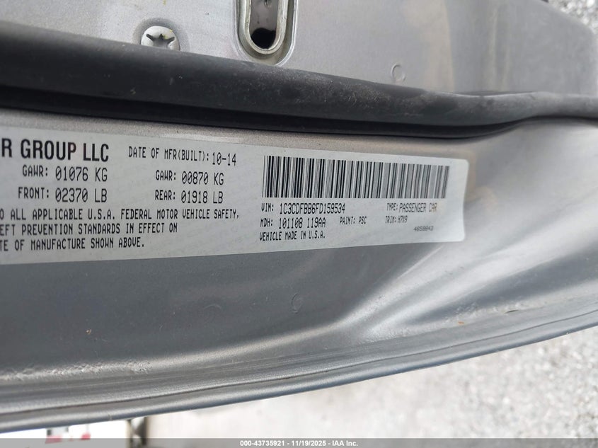 2015 Dodge Dart Sxt VIN: 1C3CDFBB6FD159534 Lot: 43735921