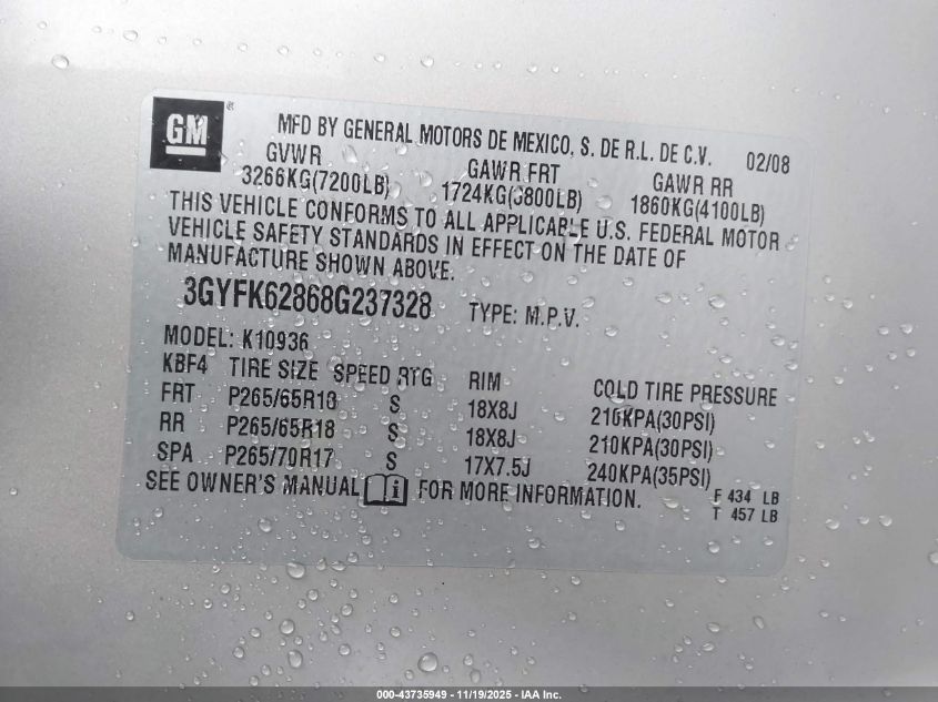 2008 Cadillac Escalade Ext Standard VIN: 3GYFK62868G237328 Lot: 43735949