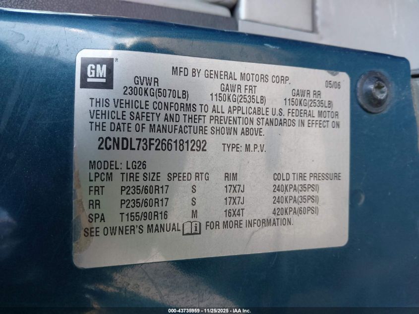 2006 Chevrolet Equinox Lt VIN: 2CNDL73F266181292 Lot: 43735959