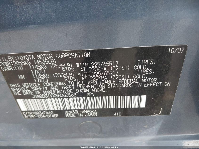 2008 Toyota Rav4 Limited VIN: JTMBD31VX86060563 Lot: 43735960