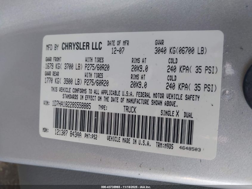 2008 Dodge Ram 1500 Slt VIN: 1D7HA18228S558885 Lot: 43735965