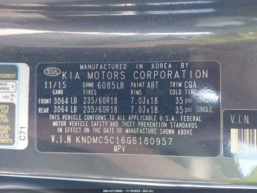 2016 Kia Sedona Sx VIN: KNDMC5C16G6180957 Lot: 43735966