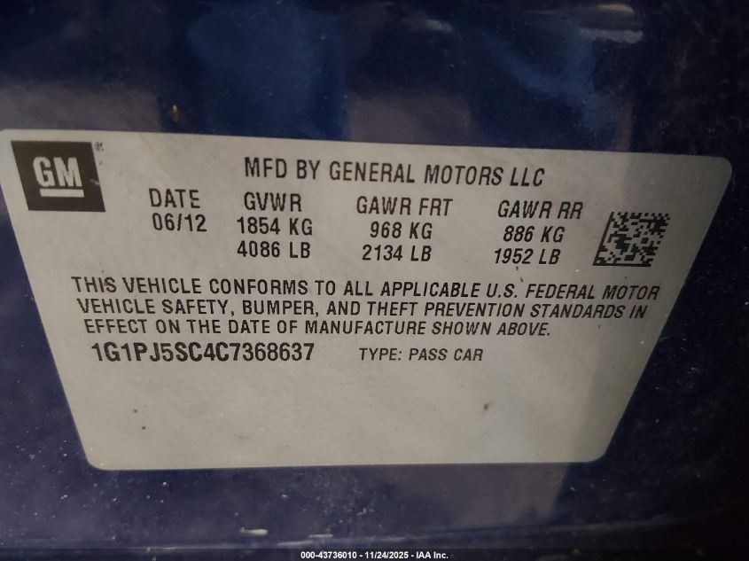 2012 Chevrolet Cruze Eco VIN: 1G1PJ5SC4C7368637 Lot: 43736010