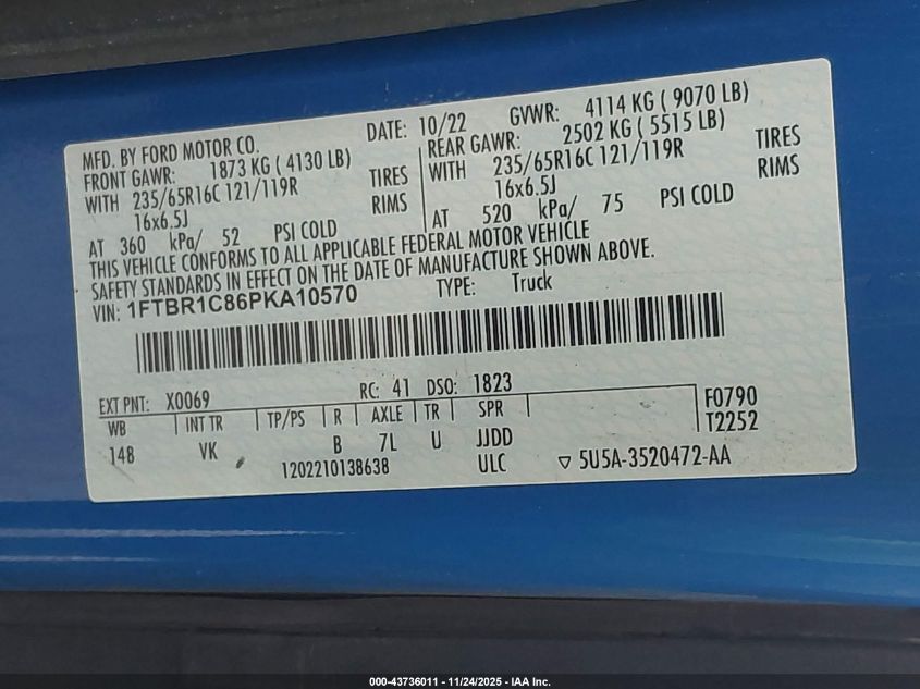 2023 Ford Transit-250 VIN: 1FTBR1C86PKA10570 Lot: 43736011