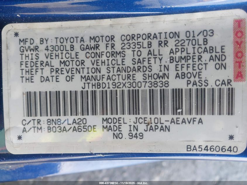 2003 Lexus Is 300 VIN: JTHBD192X30073838 Lot: 43736014