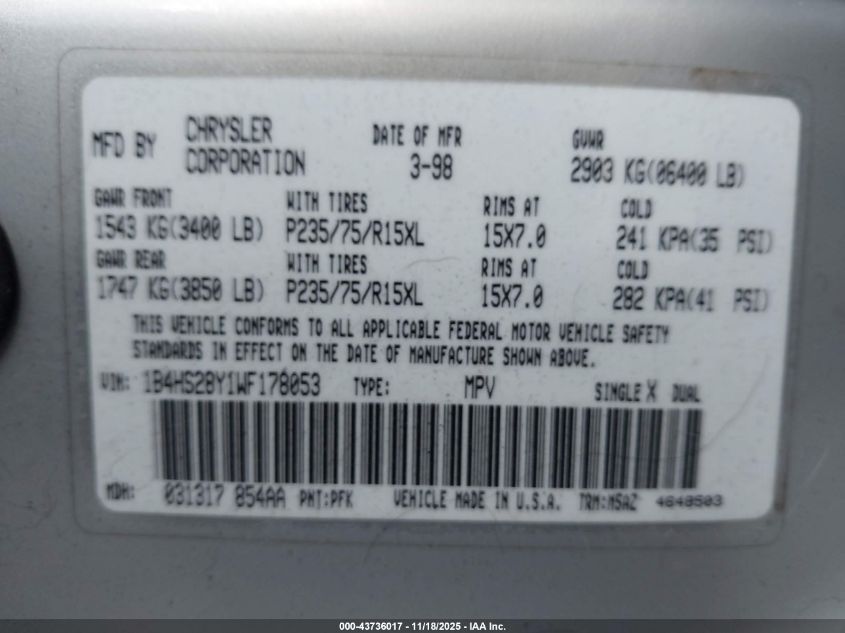 1998 Dodge Durango Slt VIN: 1B4HS28Y1WF178053 Lot: 43736017