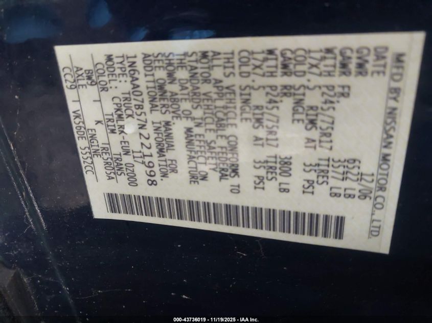 2007 Nissan Titan Xe VIN: 1N6AA07B57N221998 Lot: 43736019