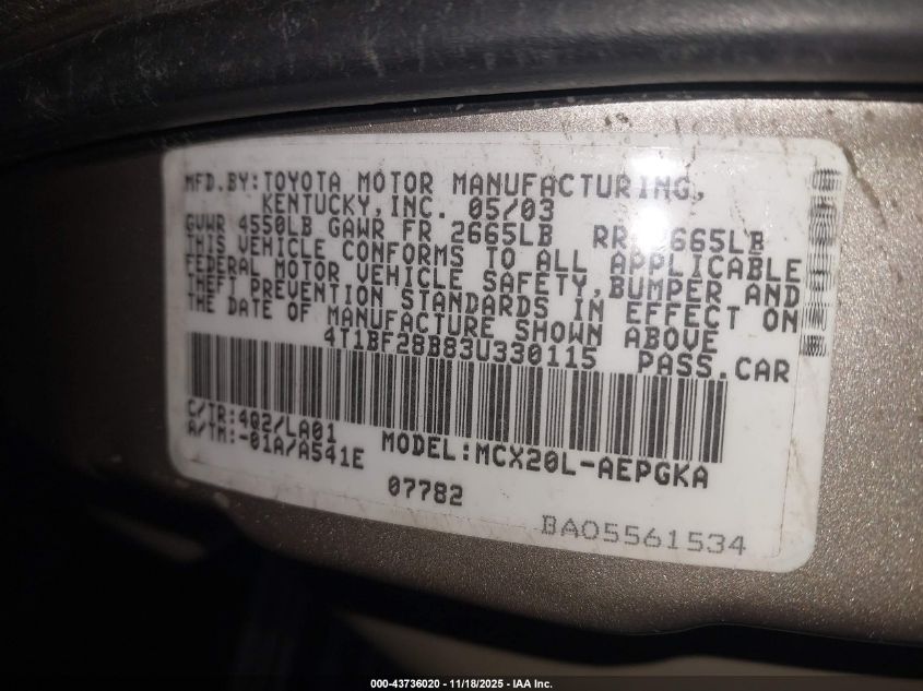 2003 Toyota Avalon Xls VIN: 4T1BF28B83U330115 Lot: 43736020