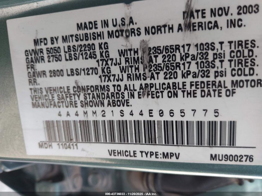 2004 Mitsubishi Endeavor Ls VIN: 4A4MM21S44E065775 Lot: 43736033