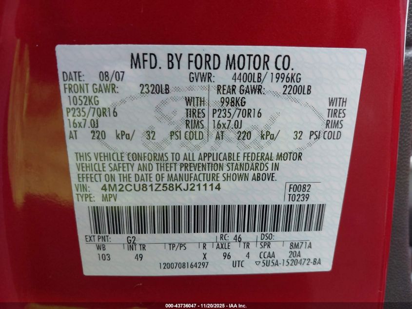 2008 Mercury Mariner I4 VIN: 4M2CU81Z58KJ21114 Lot: 43736047