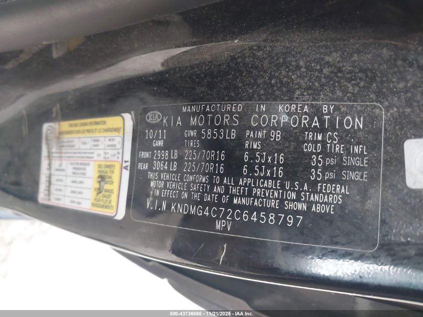 2012 Kia Sedona Lx VIN: KNDMG4C72C6458797 Lot: 43736066