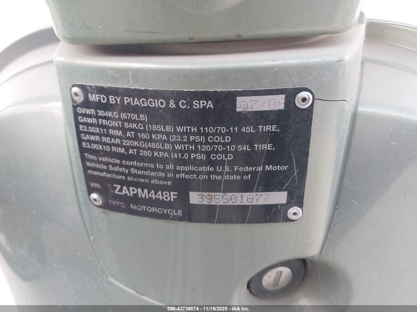 2009 Vespa Lx 150 VIN: ZAPM448F395501677 Lot: 43736074