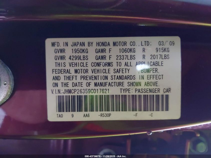 2009 Honda Accord 2.4 Lx VIN: JHMCP26359C017621 Lot: 43736076