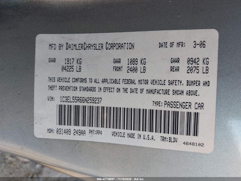 2006 Chrysler Sebring Touring VIN: 1C3EL55R66N259237 Lot: 43736087