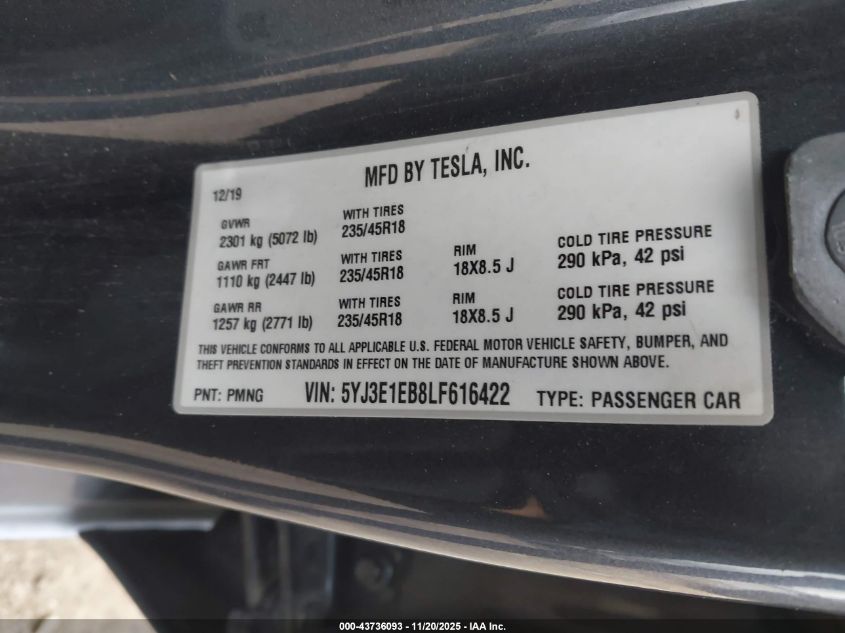 2020 Tesla Model 3 Long Range Dual Motor All-Wheel Drive VIN: 5YJ3E1EB8LF616422 Lot: 43736093