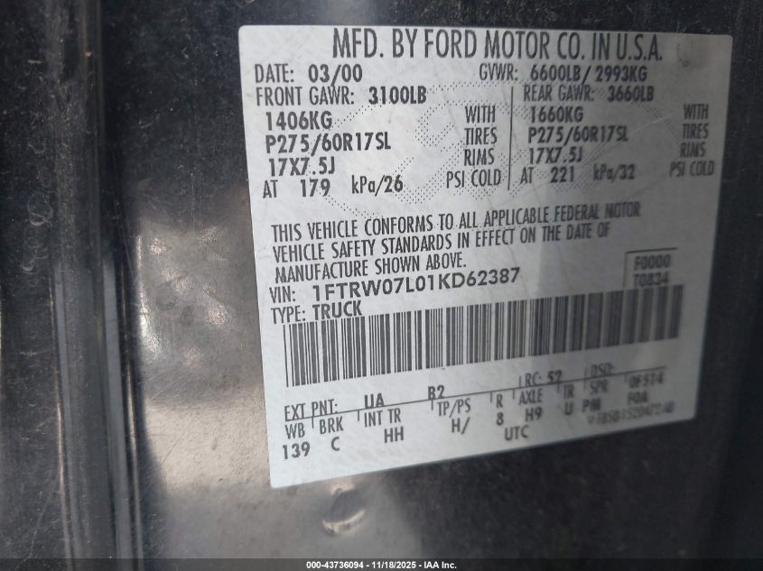 2001 Ford F-150 Harley-Davidson Edition/King Ranch Edition/Lariat/Xlt VIN: 1FTRW07L01KD62387 Lot: 43736094