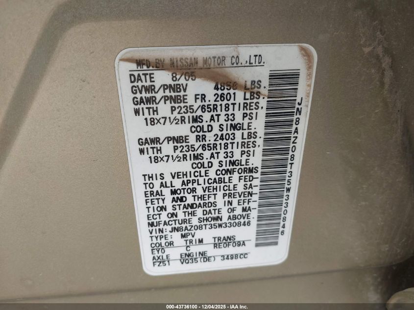 2005 Nissan Murano Sl VIN: JN8AZ08T35W330846 Lot: 43736100