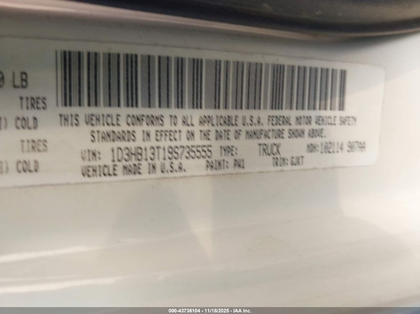 2009 Dodge Ram 1500 Laramie VIN: 1D3HB13T19S735555 Lot: 43736104