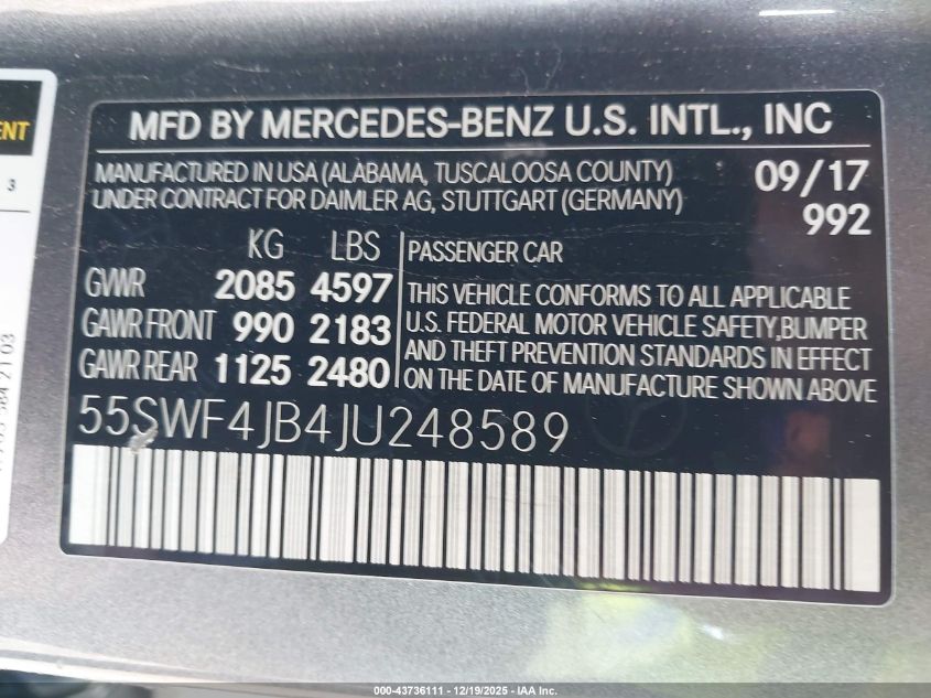 2018 Mercedes-Benz C 300 VIN: 55SWF4JB4JU248589 Lot: 43736111