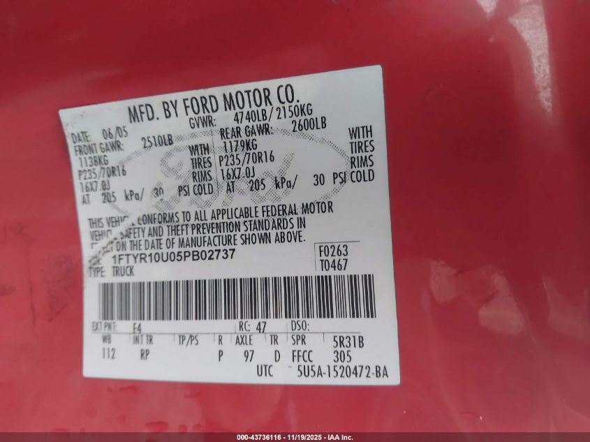 2005 Ford Ranger Edge/Stx/Xl/Xls/Xlt VIN: 1FTYR10U05PB02737 Lot: 43736116