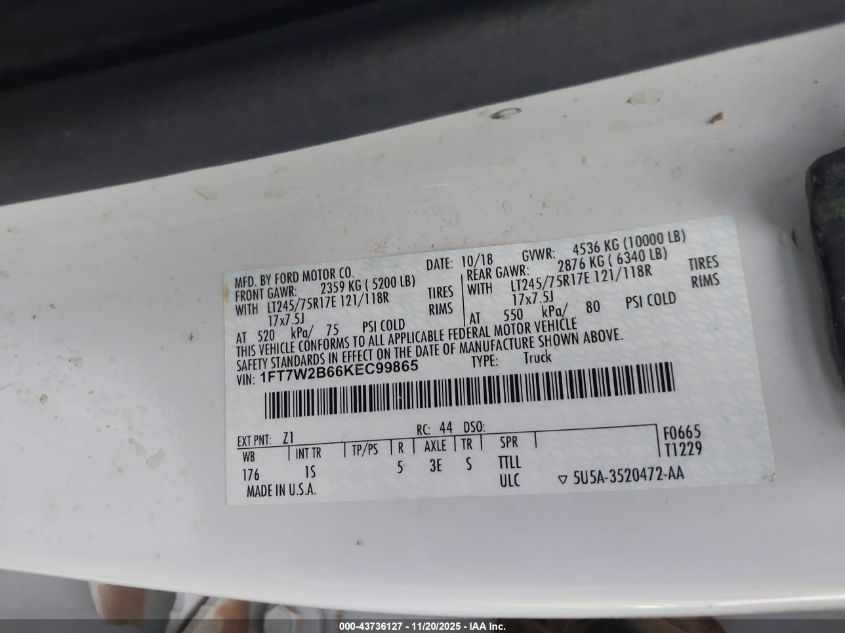 2019 Ford F-250 Xl VIN: 1FT7W2B66KEC99865 Lot: 43736127