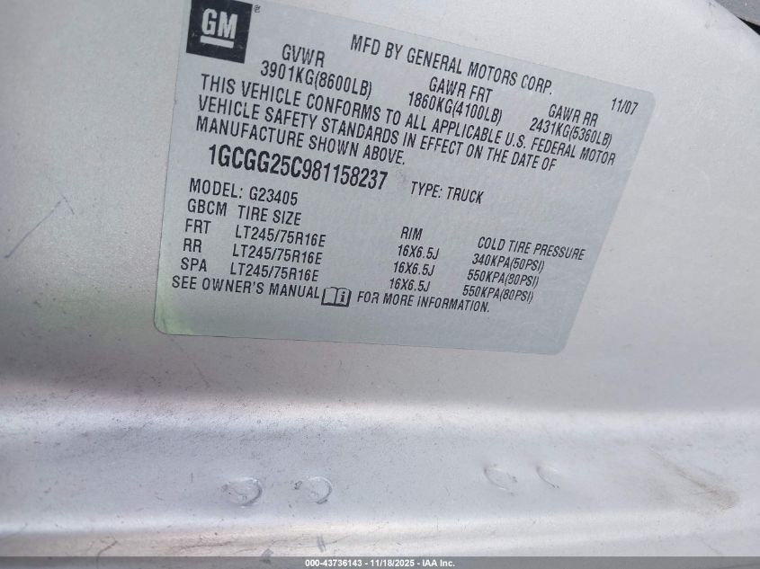 2008 Chevrolet Express Work Van VIN: 1GCGG25C981158237 Lot: 43736143