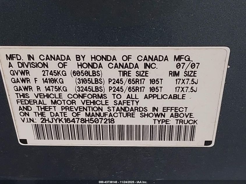 2008 Honda Ridgeline Rts VIN: 2HJYK16478H507218 Lot: 43736148