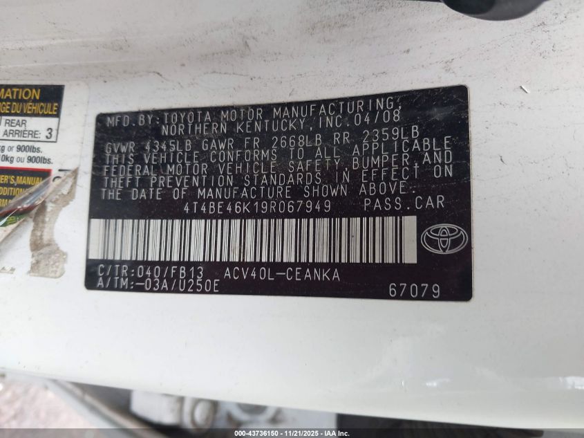 2009 Toyota Camry Le VIN: 4T4BE46K19R067949 Lot: 43736150