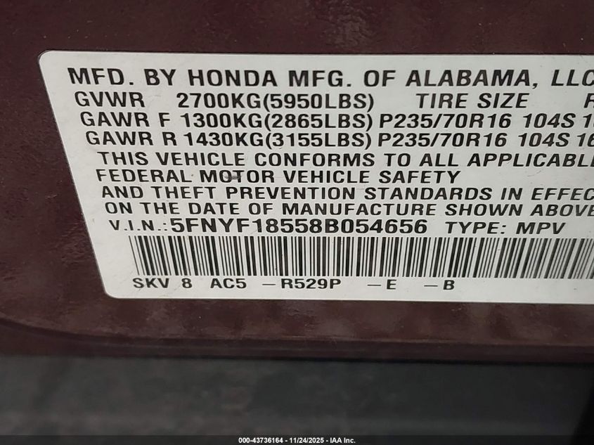 2008 Honda Pilot Ex-L VIN: 5FNYF18558B054656 Lot: 43736164