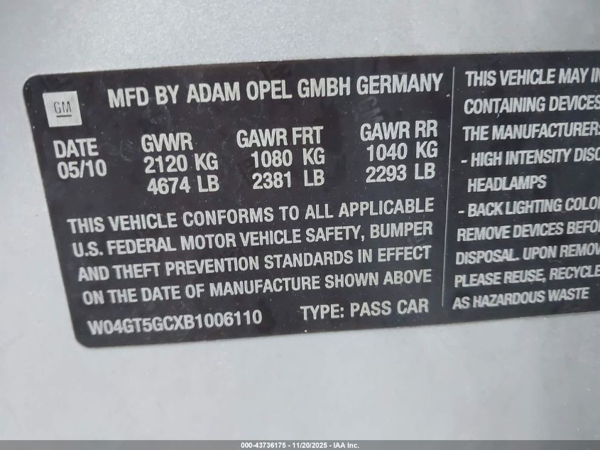 2011 Buick Regal Cxl Russelsheim VIN: W04GT5GCXB1006110 Lot: 43736175