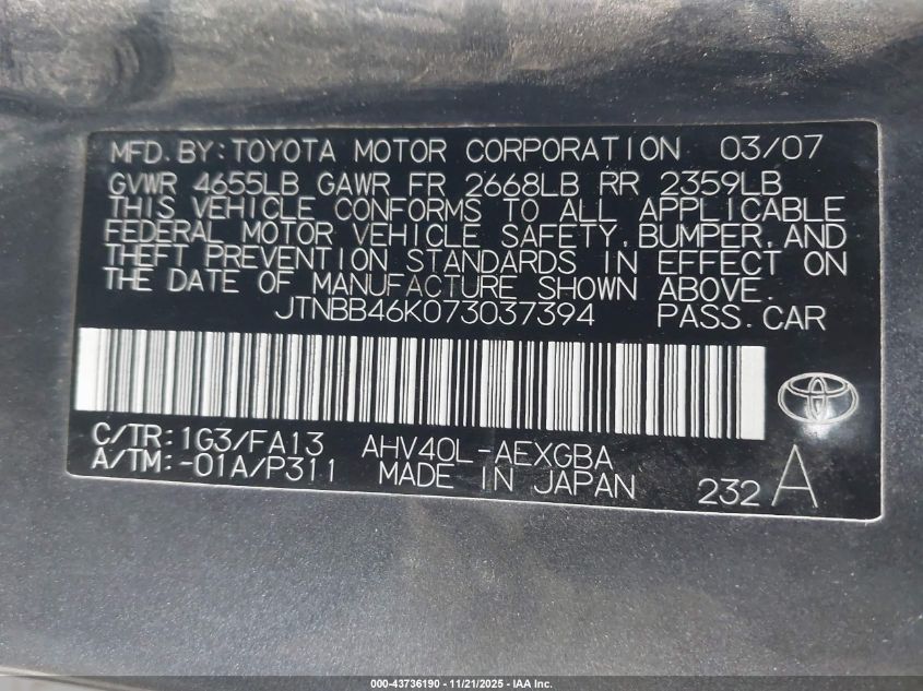 2007 Toyota Camry Hybrid VIN: JTNBB46K073037394 Lot: 43736190