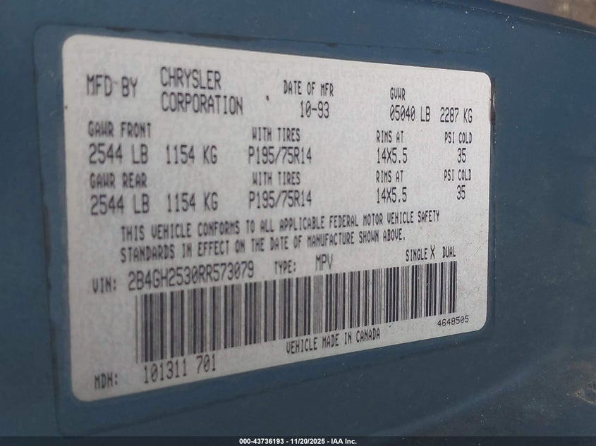 1994 Dodge Caravan VIN: 2B4GH2530RR573079 Lot: 43736193