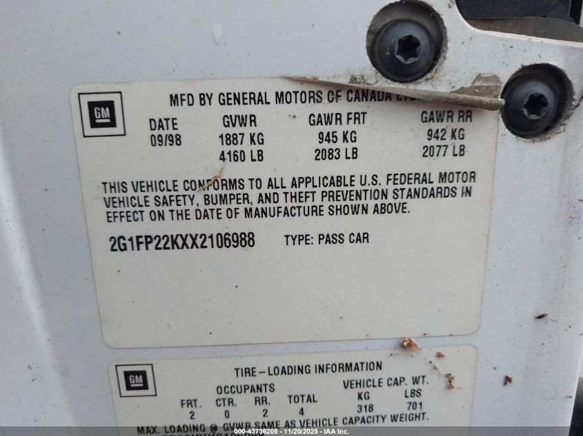 1999 Chevrolet Camaro VIN: 2G1FP22KXX2106988 Lot: 43736208