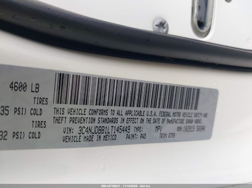 2020 Jeep Compass Latitude 4X4 VIN: 3C4NJDBB1LT145449 Lot: 43736221