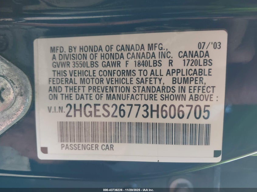 2003 Honda Civic Ex VIN: 2HGES26773H606705 Lot: 43736226