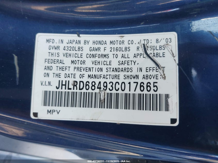 2003 Honda Cr-V Lx VIN: JHLRD68493C017665 Lot: 43736231