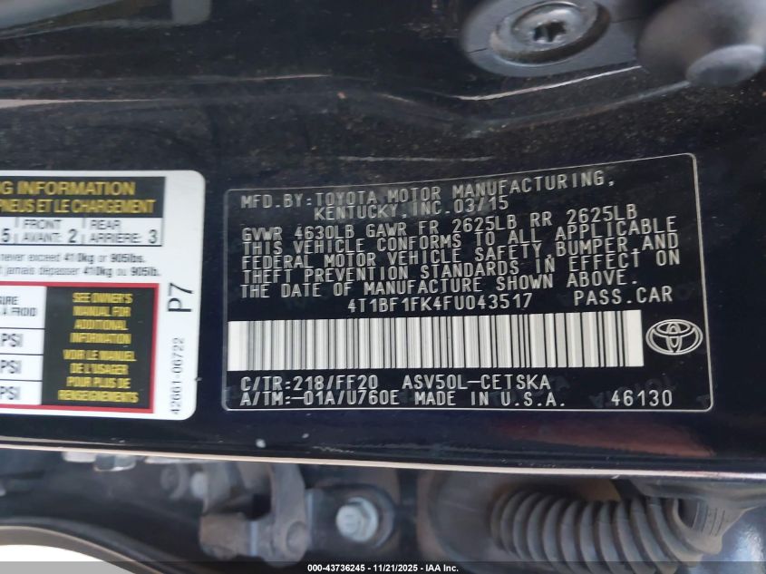 2015 Toyota Camry Se VIN: 4T1BF1FK4FU043517 Lot: 43736245