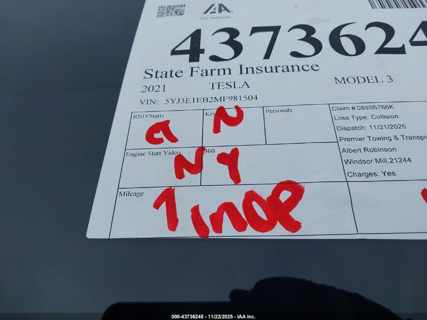 2021 Tesla Model 3 Long Range Dual Motor All-Wheel Drive VIN: 5YJ3E1EB2MF981504 Lot: 43736248