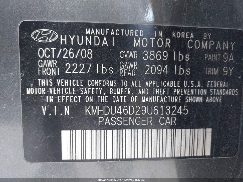 2009 Hyundai Elantra Gls VIN: KMHDU46D29U613245 Lot: 43736255