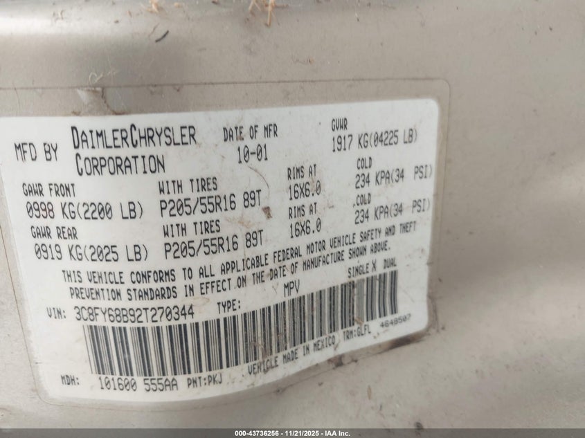 2002 Chrysler Pt Cruiser Limited VIN: 3C8FY68B92T270344 Lot: 43736256