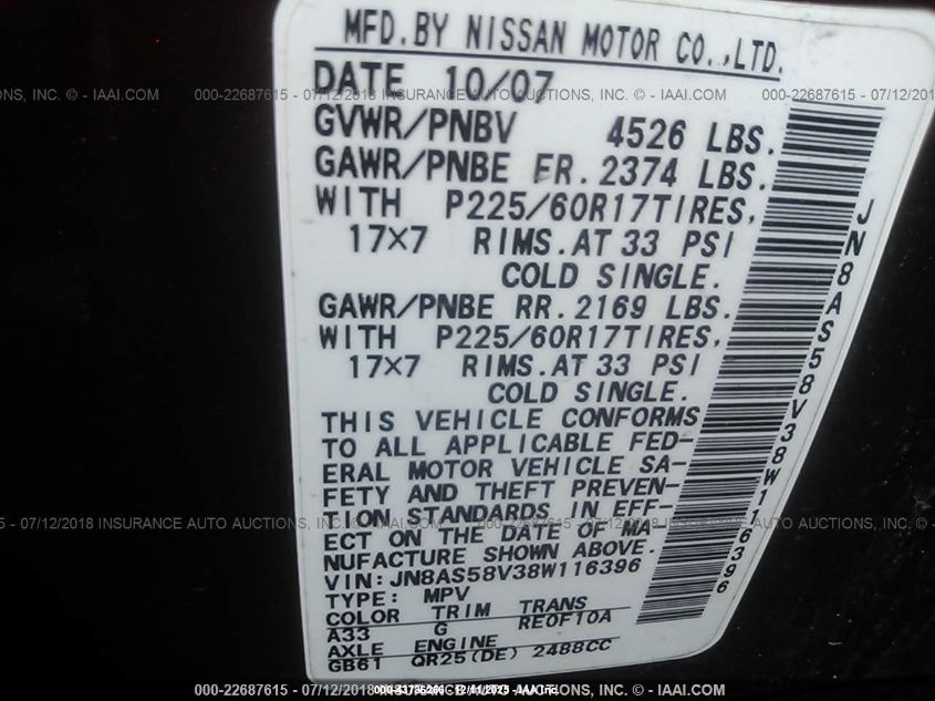 2008 Nissan Rogue Sl VIN: JN8AS58V38W116396 Lot: 43736266