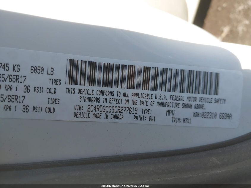 2012 Dodge Grand Caravan Sxt VIN: 2C4RDGCG3CR277619 Lot: 43736269