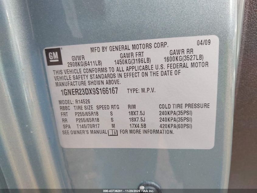 2009 Chevrolet Traverse Lt VIN: 1GNER23DX9S166167 Lot: 43736281