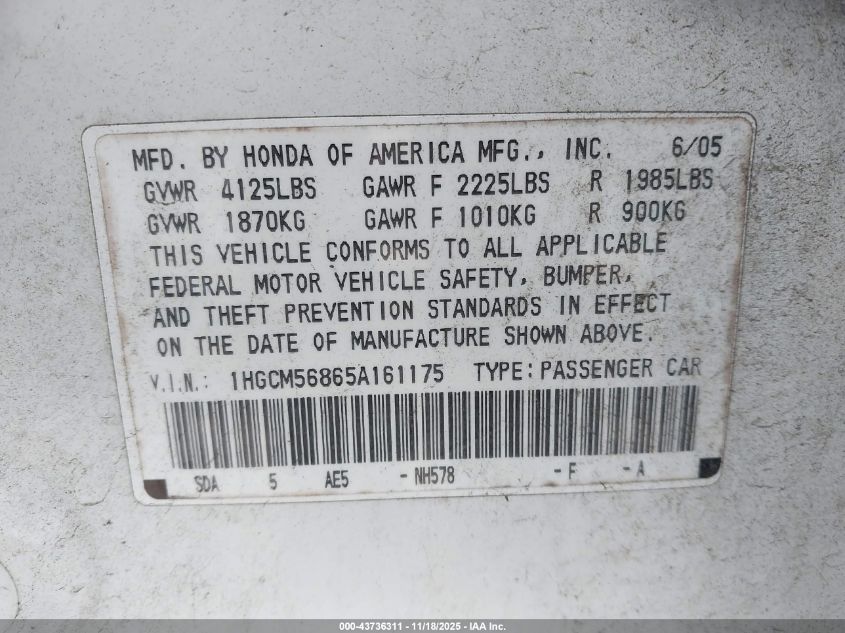 2005 Honda Accord 2.4 Ex VIN: 1HGCM56865A161175 Lot: 43736311