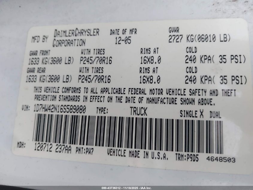 2006 Dodge Dakota Slt VIN: 1D7HW42N16S589080 Lot: 43736312